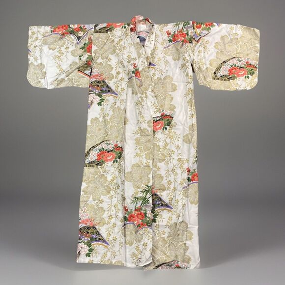 Girls Japanese Kimono Size 40 White Gold Floral Short Sleeve Robe Yukata Costume - Picture 1 of 10